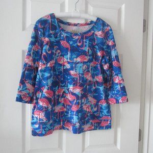 Sz Medium Flamingo Top--Tropical Flamingos in Different Poses--Blue & Pink